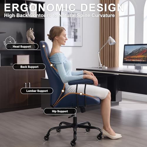 Image of E-Motie Leather Office Chair, Mid Century Modern Desk Chair, Blue | Ergonomic, Lumbar Support, 360 Swivel & Rolling Wheels, Adjustable Height, for Adults & Women