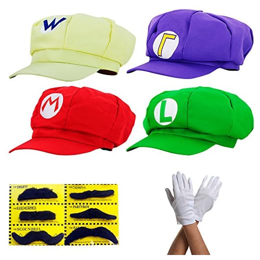 Super Mario Gorra Luigi Wario Waluigi - Conjunto de Disfraces para Adultos y niños + 4X Guantes y 6X Barba pegajosa Carnival & Cosplay - Classic Cappy Cap
