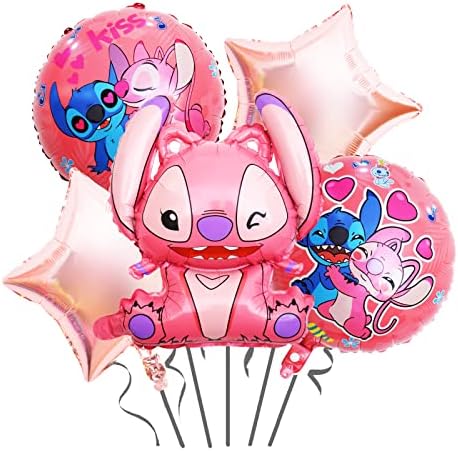 5 PCS Stitch Party Balloons Set, Stitch Birthday Party Decorations, Stitch Cartoon Foil Balloons for Kids Girls Birthday and Baby Shower Parties, Cute Design Pink Stitch Party Supplies