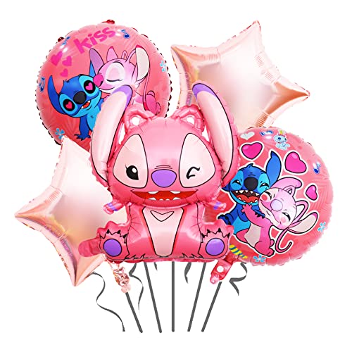 5 Pcs Stitch Party Balloons Set, Stitch Birthday Party Decorations, Stitch Cartoon Foil Balloons For Kids Girls Birthday And Baby Shower Parties, Cute Design Pink Stitch Party Supplies #TOP2