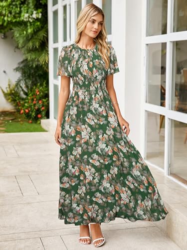 Image of Simplee Womens Casual Floral Summer Maxi Dress 2026 Boho Flowy Short Sleeve Crew Neck Vacation Smocked Chiffon Dresses