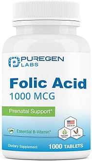 Puregen Labs Folic Acid 1000 mcg Tablets | Vitamin B9 | Non-GMO | Gluten Free | Made in USA | Value Size 1000 Tablets