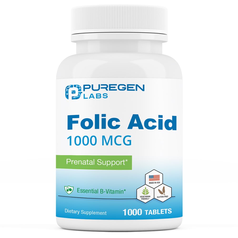 Puregen Labs Folic Acid 1000 mcg Tablets | Vitamin B9 | Non-GMO | Gluten Free | Made in USA | Value Size 1000 Tablets