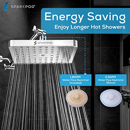 SparkPod Shower Head - High Pressure Rain - Luxury Modern Chrome Look - Tool-less 1-Min Installation - Adjustable Replacement for Your Bathroom Shower Heads (Polished Chrome, 8 Inch Square)