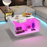 HOME BI LED Coffee Table for Living Room, Center Table with 2 Storage Glass Drawers for Game Night, Unique 16 Colors LED Lights Wood Coffee Tables, White