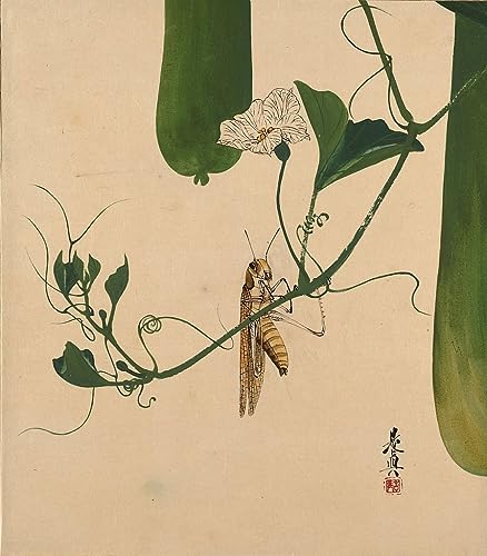 Affiche Grasshopper on Gourd Vine par Shibata Zeshin, art mural japonais d'exception 60x90cm