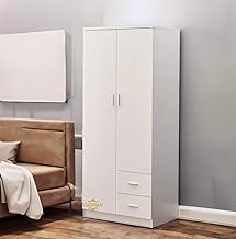 CASPIAN Engineered Wood 2 Door Wardrobe (White) | Pre Assembled Home Furniture | Cupboard/Almirah for Bedroom Clothes Storage Organizer with 4 Shelves, 1 Hnaging Space & 2 Drawers