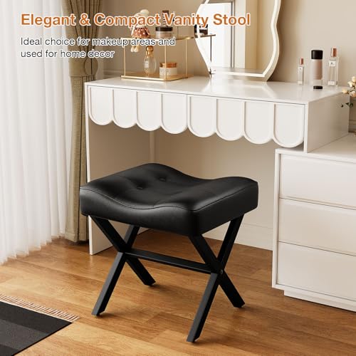 Image of Memobarco 18-Inch Large Leather Vanity Stool, Vanity Chair with Metal X-Leg, Ottoman Accent Stool with Thick Padded Saddle Seat, Black