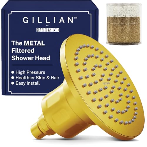 Image of Gillian Filtered Shower Head for Hard Water - High Pressure Metal Showerhead Filter For Hair and Skin with Genuine KDF-55 - Removes Toxic Chemicals, Chlorine and Heavy Metals, Brushed Gold