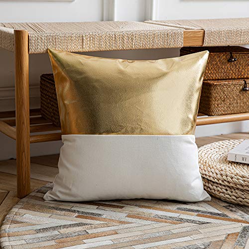 Dezene Leather Throw Pillow Covers, Set Of 2 Modern Leather/Cotton Decorative Pillowcases For Home Decor Bedroom Living Room Couch Bed Sofa, 20X20 Inch, Gold And White #TOP4