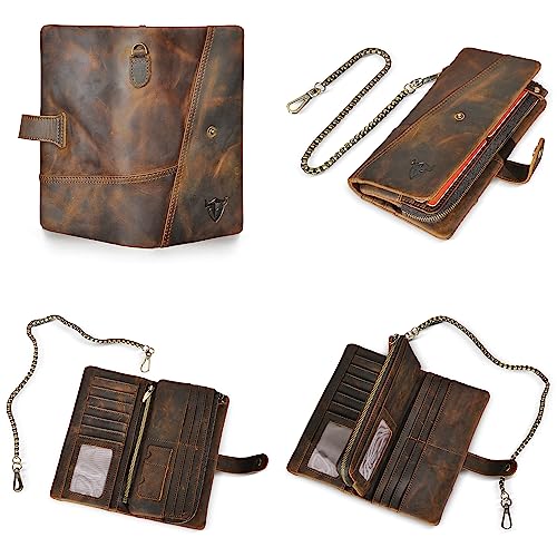 Genuine Crazy Horse Leather Travel Gift Coin Pocket Card Case Long Organizer Chain Rfid Wallet Purse With Snap For Men Male 1803 (1803 Brown)2