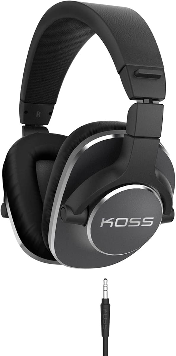 Koss Pro4S Auriculares de estudio supraaurales de tamaño completo, cable desmontable con entrada de doble opción, negro con borde plateado