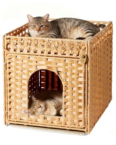 FuzzyNest Cat Litter Box Enclosure Furniture - Handwoven Rattan Hidden Litter...