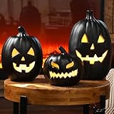 Reallnaive 3 PCS Black Jack o Lantern Decoration, Halloween Plastic Vintage Pumpkin Decor with Light for Indoor & Outdoor - Holiday Party Fireplace Mantle Porch, Battery Not Include