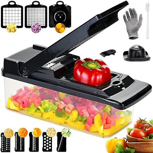 Coupe legumes Multifonctions 15 en 1,Mandoline Cuisine Professionnelle,Decoupe Legumes avec Gants de Sécurité, Coupe Legumes Manuel Coupe Frite pour Carotte,Pomme de Terre,Oignons,Tomates-Noir