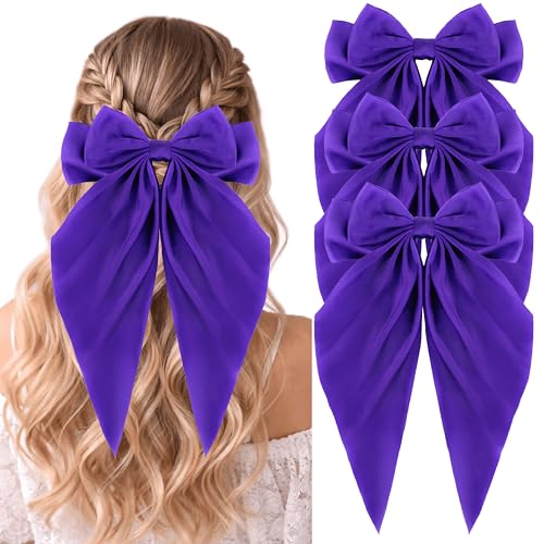 3PCS Dark Purple Silky Satin Hair Bows, Oversized Long Tail Bows with Barrette Clips, Coquette Hair Accessories for Women and Girls