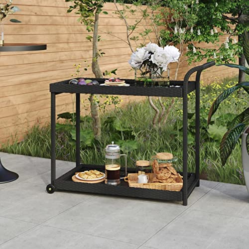 Tidyard Carrello da Bar,Carrello da Cucina per Esterno,Carrello da Cucina con rotelle,Carrello con Ruote,Carrello per Barbecue,Carrello per Esterno Nero 100x45x83 cm in Polyrattan