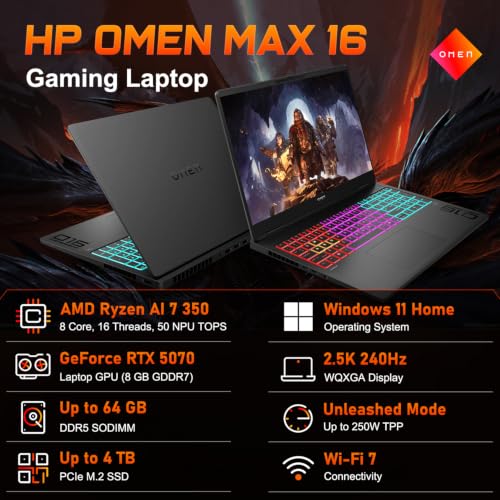 Image of HP Omen MAX 16 5070 & AMD Ryzen AI 7 350 Gaming Laptop, 32GB DDR5 + 2TB SSD