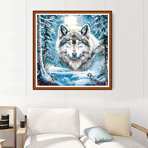Image of Joyhoor Stamped Cross Stitch Kits for Beginners Needlepoint Kits for Adults Embroidery Kits 11CT Counted Cross Stitch Kits Printed Embroidery Pattern-Abstract Wolf Snow Scene 18x18 inchs