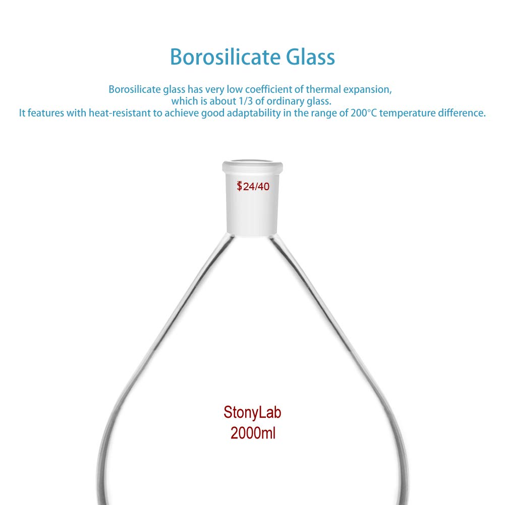 stonylab Okrągła kolba szklana, okrągła, okrągła szyjka, okrągła, okrągła, do laboratorium i szkła, 2000 ml, z przegubem zewnętrznym 24/40