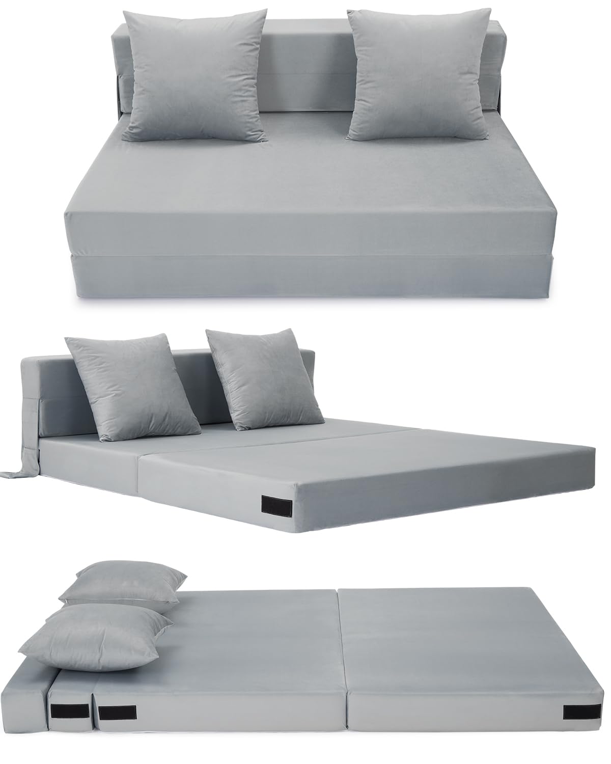 HAUSPROFI Sofá Cama 2 Plazas, 140x200 cm Cama Plegable con Funda Terciopelo Y 2 Cojines, Funda Extraíble Lavable, Colchón Plegable Espuma Poliuretano Alta Elasticidad (Gris)