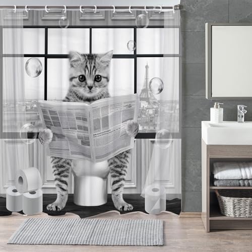 Image of Cute Cat Shower Curtain, Funny Cat Reading on Toilet Shower Curtain Set, Black White Grey Fabric Shower Curtains for Kids Bathroom with Hooks 72X72inches
