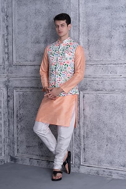Image of Uri and MacKenzie Men's Silk Blend Kurta Pyjama with Stylish Embroidered Ethnic Jacket