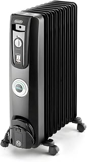 DeLonghi Oil-Filled Radiator Space Heater, Quiet 1500W, Adjustable Thermostat, 3 Heat Settings, Energy Saving, Safety Features, Black, Comfort Temp EW7707CBCA
