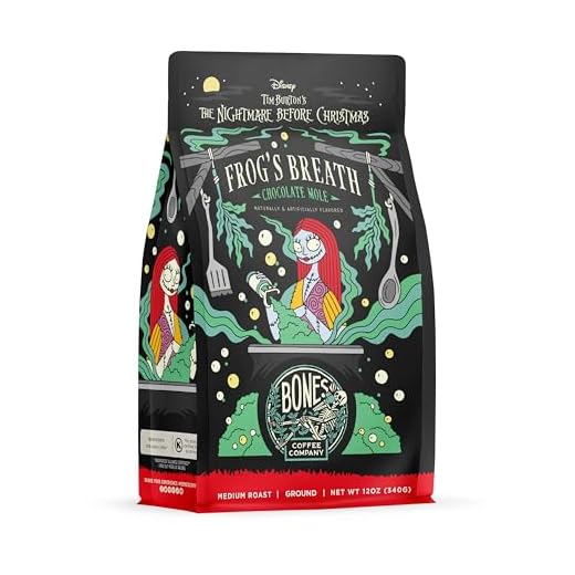 Bones Coffee Company Frog's Breath Flavored Ground Coffee Beans Chocolate Mole Flavor | 12 oz Arabica Low Acid Coffee | Gourmet Coffee From Disney Tim Burton's The Nightmare Before Christmas (Ground)