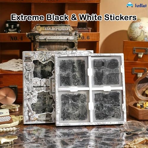Image of FunBlast Self Adhesive 640Pcs /100 Sheets, Extreme Black & White Stickers, Retro Decorative Sticker's for Scrapbook, Sticker's for Project, Japanese Style Sticker Set, Journals, Scrapbooking (D)