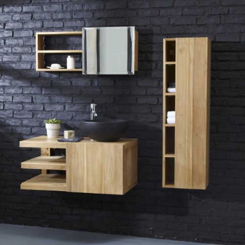 Tikamoon Typo Meuble Salle de Bain - Teck - Beige - 90 x 50 x 40 cm