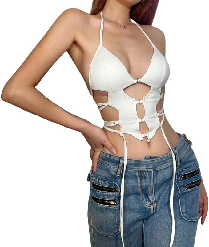 Women's Sexy Cut Out Deep V Neck Halter Crop Top Sleeveless Criss Cross Tank Top Tie Up Backless Cami Crop Top White