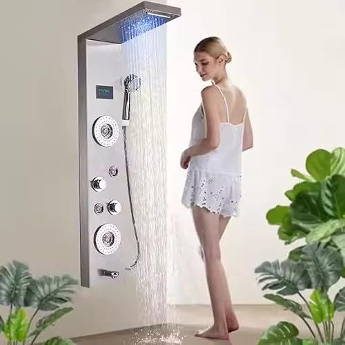 ZeeCry Shower Panel Tower System | SS 304 | 6 In 1 With LED Display, 4 Body Mist Sprays, 2 Body Jets, Rainfall, Waterfall, Tub Spout, Hand Shower Temprature Display Thermostatic shower (Chrome)