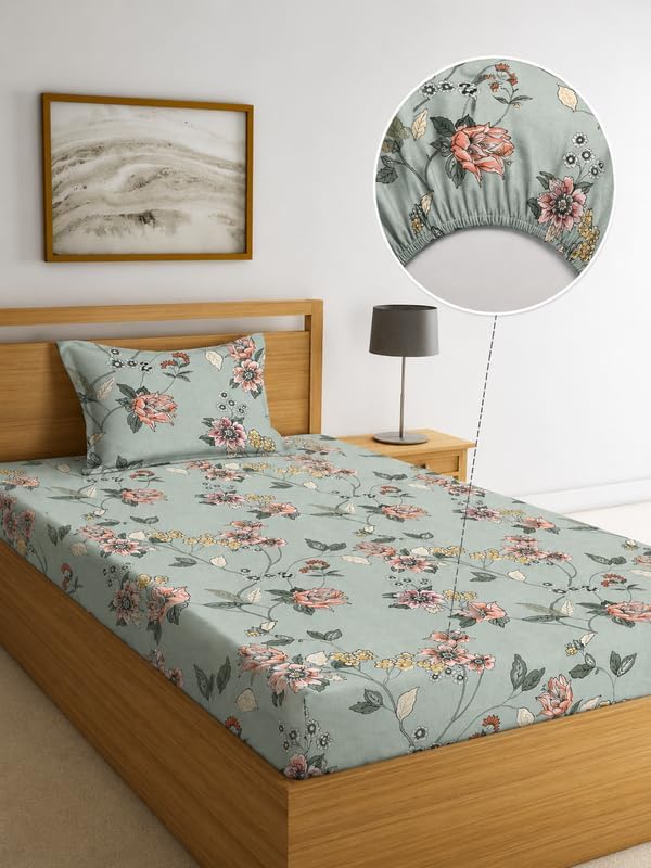 Image of la' amour 240 TC Cotton Fitted Single Bedsheet with 1 Pillow Cover | Elastic Bed Sheet | Soft Breathable Skin-Friendly Fabric | All Season Comfort | 36 x 72 + 6 Inches Vintage Sage
