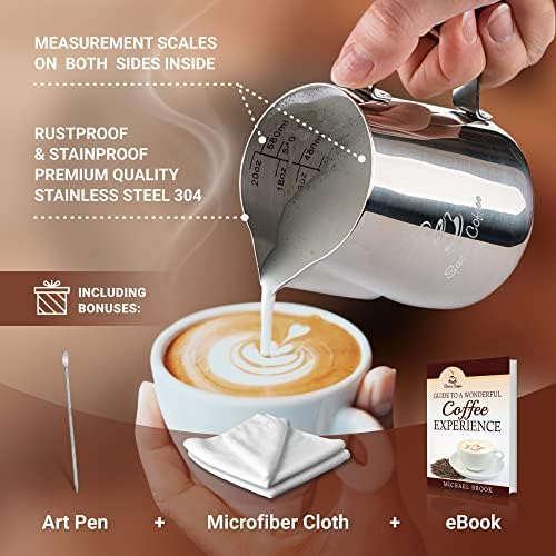 Milk Jug 600ml - Milk Frother Jug 350 600 900 ml - Measurements on Both Sides Plus eBook - Milk Frothing Jug Barista Milk Pitcher Stainless Steel Jug Latte Cup Milk Frothing Pitchers 12 20 30oz