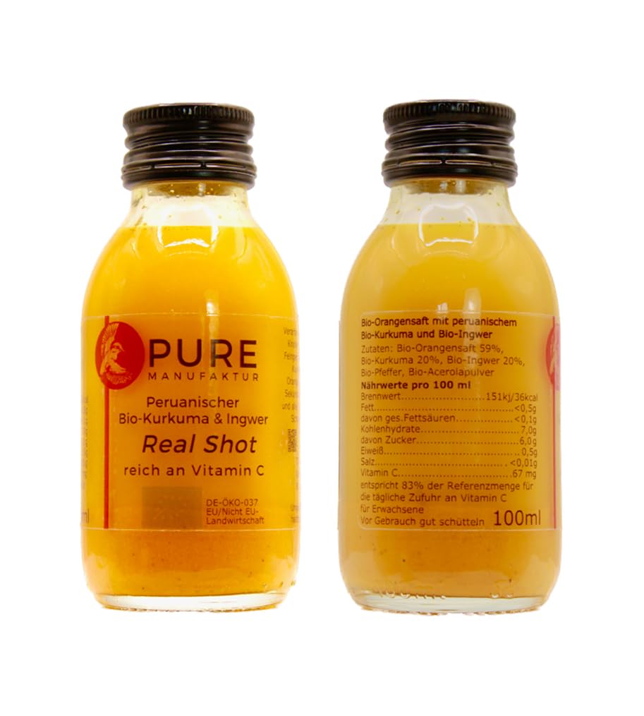 Pure Shot - Jengibre orgánico de naranja y cúrcuma, orgánico y vegano, sin azúcar, sin aditivos, (24 x 100 ml)