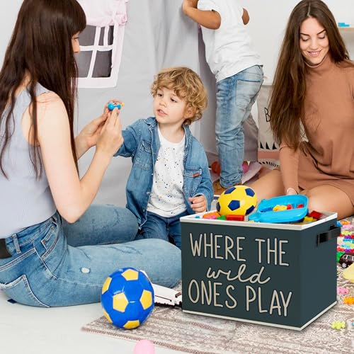 Image of Olive Blue Boho Classroom Storage Bins Box with Handles, Where the Wild Ones Play Collapsible Basket Organizer for Kids Playroom Nursery Bedroom Bathroom Books Clothes