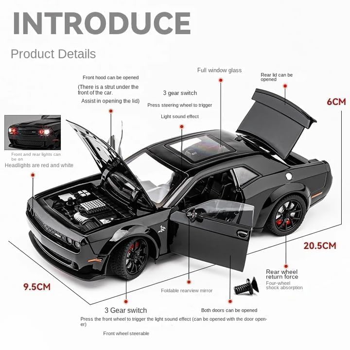 Image of WORSHIPER 1:24 Dodge Challenger SRT Exclusive Alloy Metal Pull Back Die-cast Car Model with Sound Light Mini Auto Toy for Kids for Toy Car with Sound and Light (1:24 Dodge Challenger - Black)