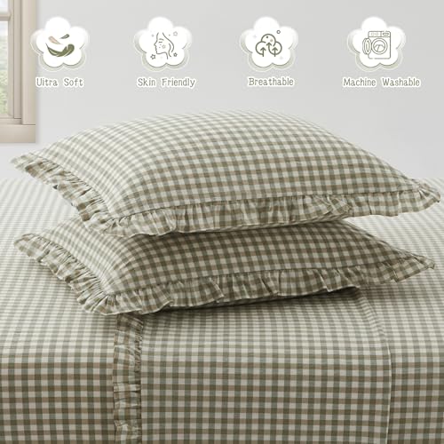 KKJIAF 2 Pcs Plaid Ruffle Pillow Case Standard Size, Cotton Gingham Ruffled Euro Sham Pillow Covers 20x26 Inch, Linen Feel Plaid Bed Pillow Shams with Envelope Closure for Sofa Bed (Sage Green Plaid) - Thumbnail 5