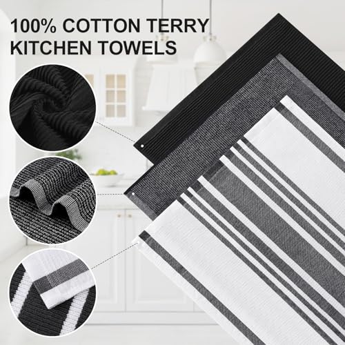 Image of Homaxy Premium Kitchen Towels(18 inchx 28 inch, 9 Pack), Large Cotton 380 GSM Kitchen Hand Towels, Soft and Absorbent Terry Dish Towels, Multipurpose Tea Towel Set with Hanging Loop, Black