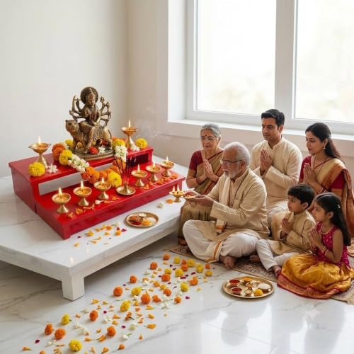 Image of Premium Wooden 2-Tier Puja Chowki in Glossy Red-Multi-level Worship Pedestal Stand for Idols,Diya,and Home Mandir(Size40x25x8 cm)Traditional Worship Platform with Storage Space (Auspicious Shubh Rang)