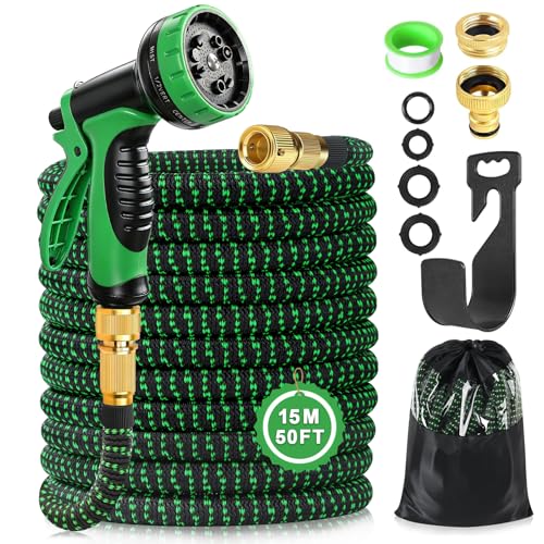 Expandable Garden Hose 15m 50ft, Flexible Hosepipe 10 Function Spray Nozzle, Water Hose with 3/4 1/2 Tap Connectors, Lightweight Expanding Hose Pipe Magic Hose for Gardening Patio Car Washing