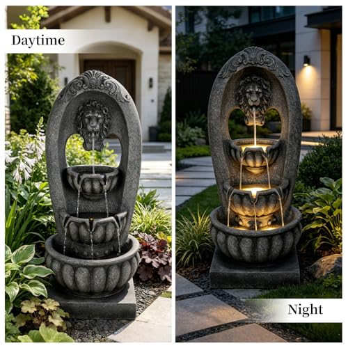 Image of Lion Head 3-Tier Outdoor Water Fountain, Resin with LED, 43 in