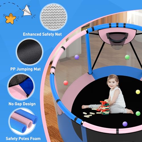 Trampoline for Kids 600LBS 4.5FT 5FT 5.5FT Toddler Indoor Outdoor with Safety Net, Swing, Adjustable Bar, 54'' 66'' Mini Small Trampoline with Basketball Hoop