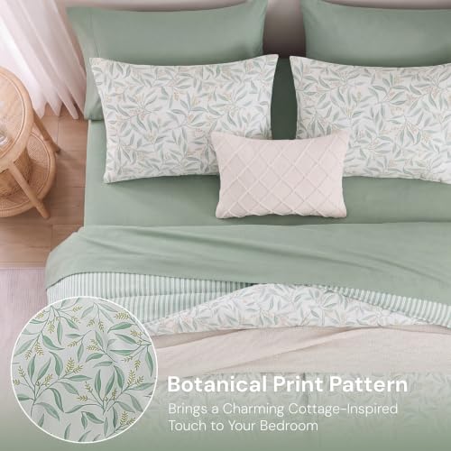 Image of Monbix Full Size Comforter Sets - 7 Pieces Floral Reversible Bed in a Bag | Botanical Bedding Set with Sheets, Pillowcases & Shams for All Seasons, Green