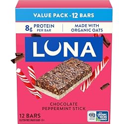 LUNA Bar Chocolate Peppermint Stick, Gluten Free Snack Bars, 12ct | Plant-Based Protein Bars, 8g Protein, Non-GMO, Made with Organic Oats and Chocolate