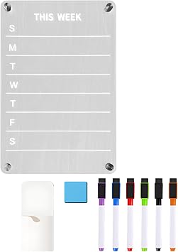 Refrigerator Weekly Planner Dry Erase Board, 7.9 x 11.8 in / 20 x 30 cm, Acrylic with Strong Attachment, Includes 6 Pens and Eraser, Menu Planning Ready