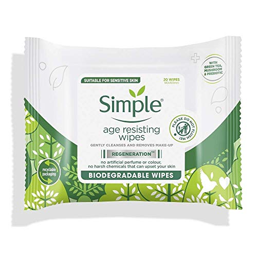 Simple Regeneration Age Resisting Biodegradable Facial Wipes remove make-up and fights premature ageing for sensitive skin 20 wipes,package may vary