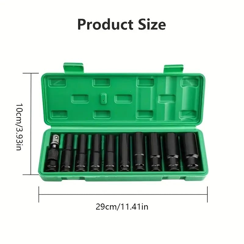 Image of 11 Pieces 1 /2-Inch Square Drive 78mm Deep Impact Socket Hex Set, 6-Point Standard Metric Sizes CR-V Steel 10mm to 24mm (11 in 1 impact socket set)