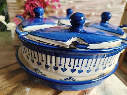 Image of Niyara Multipurpose Storage Ceramic Pickle set Jars with Lid & tray & spoon & Salt Dispenser (Set of 5, 300 ML) (Blue Jhalar)